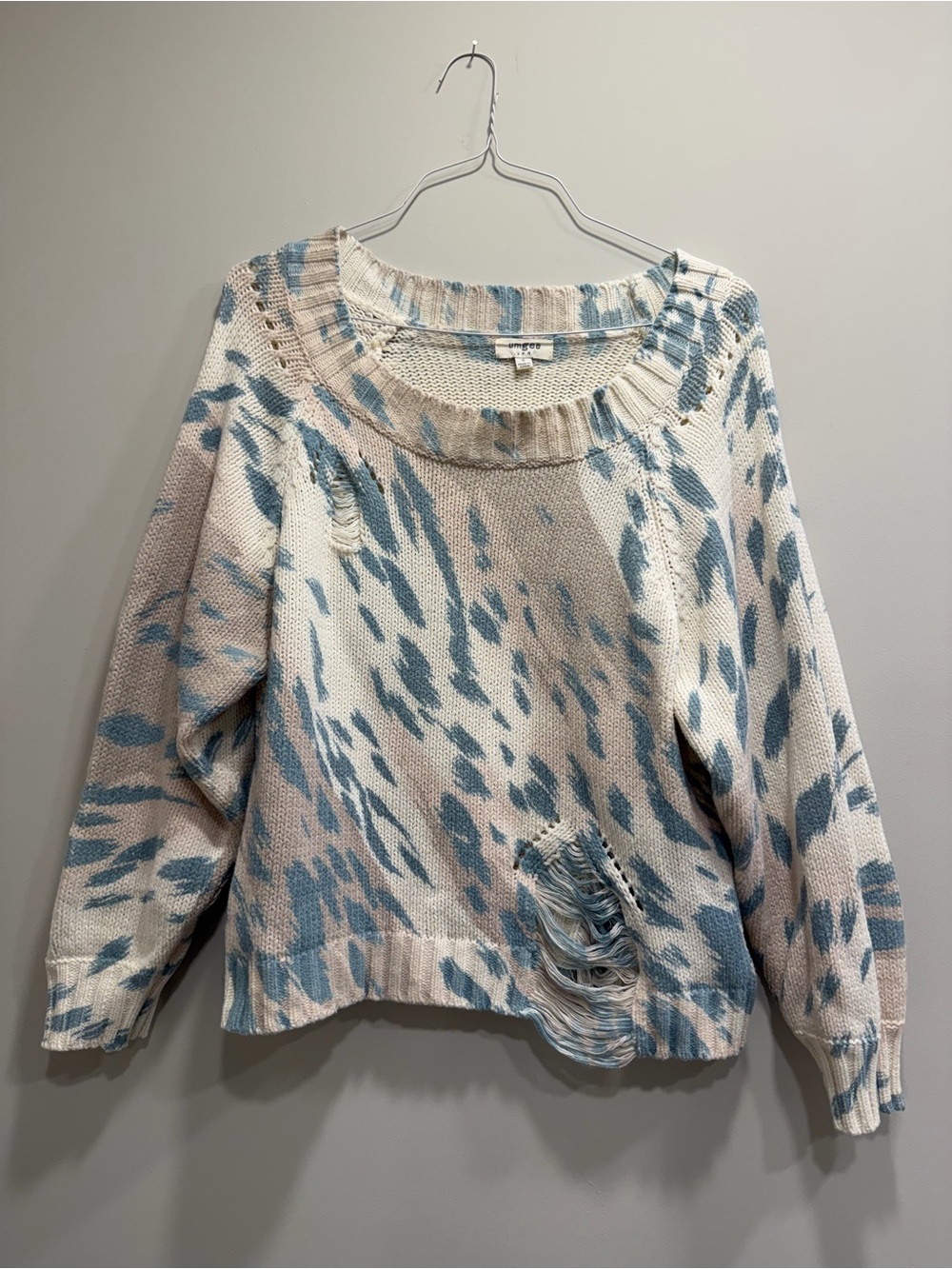 UMGEE Abstract Print Open-Knit Pullover Sweater in Cream and Blue SIZE SMALL
